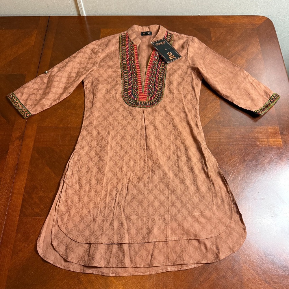 Women Embroidered Kurta Tunic Ethnic Boho‎ Top Brown Size M